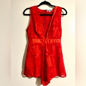 Red, floral, fully lined, deep V-neck romper, satin hems, Size 8, runs small